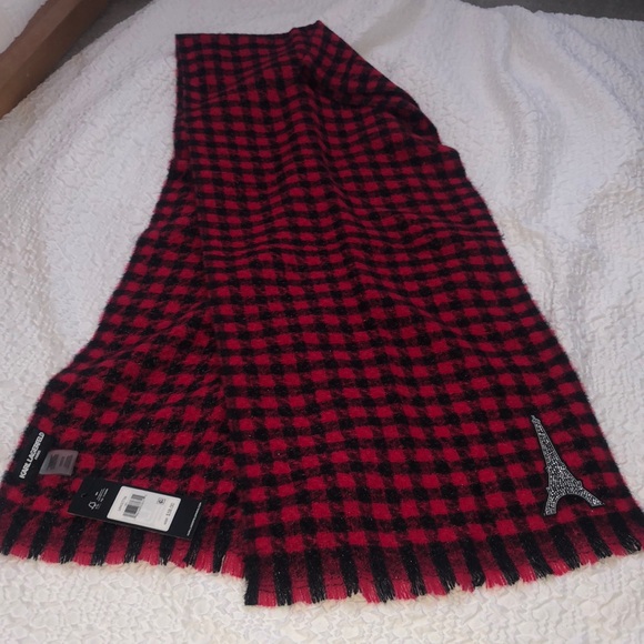 Karl Lagerfeld Crimson & Black Plaid Rectangular Scarf Eiffel Tower Patch NWT - Picture 13 of 16
